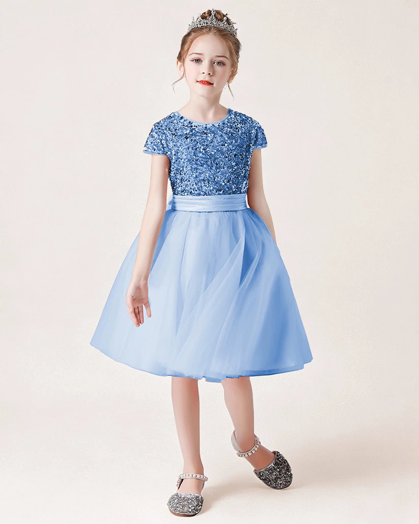 Sky Blue Tulle A-line Girls Formal Dress Front View