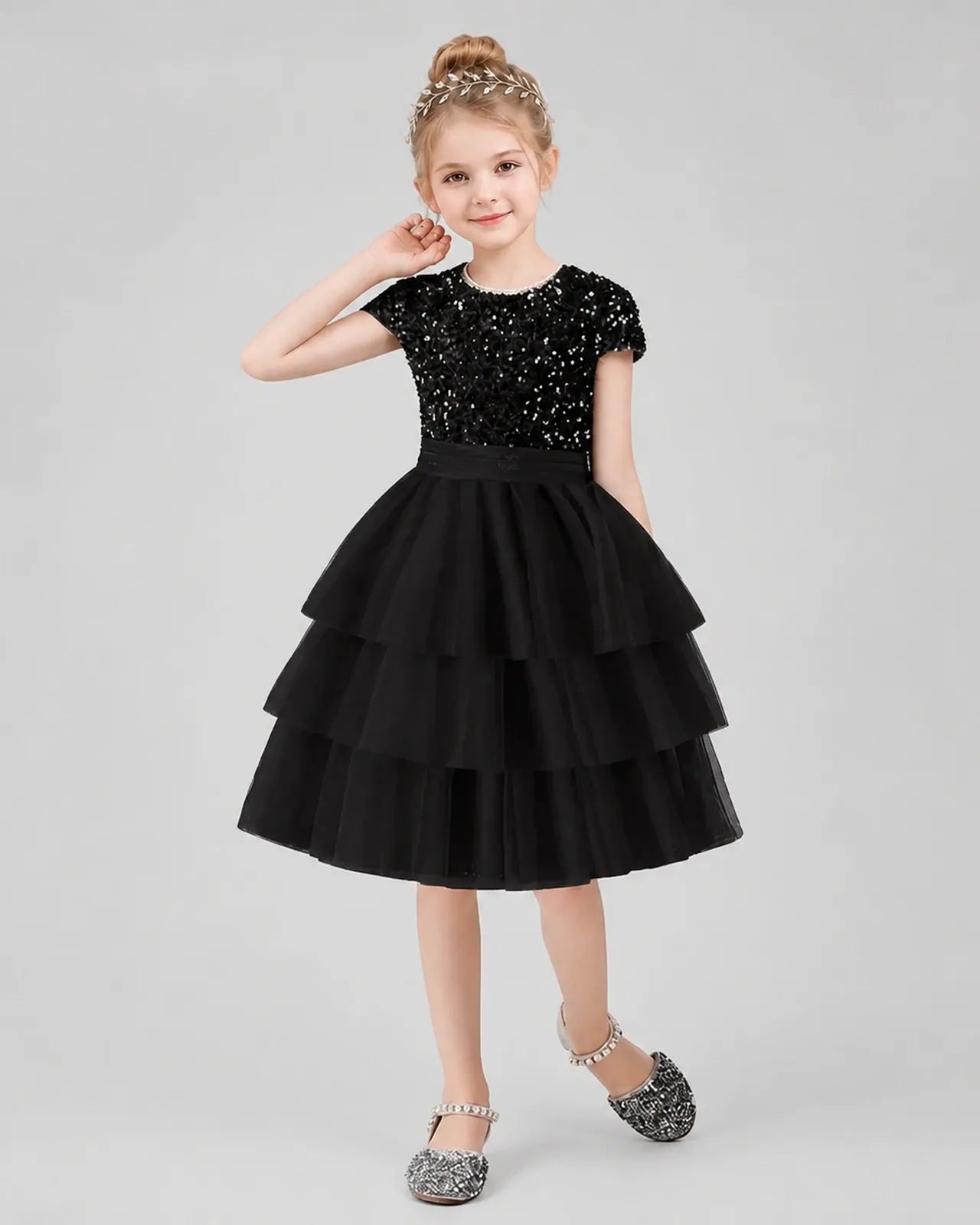 Black Sequins Tulle Tiered Dress Girls Formal Dresses Front View