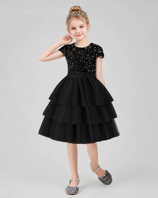 Dideyttawl Girls Formal Dress with Cap Sleeves Sequin Bodice and Tiered Tulle