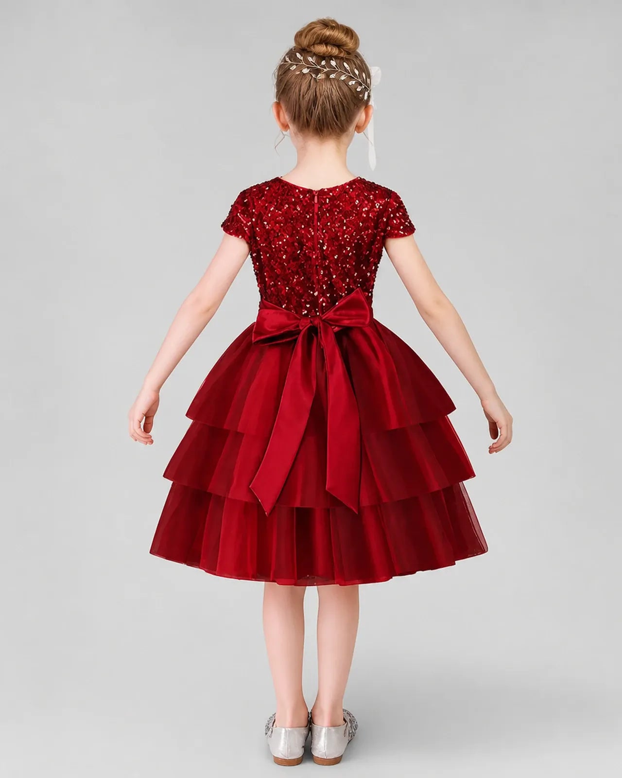 Burgundy Sequin Tulle Tiered Dress Girls Formal Dresses Back View