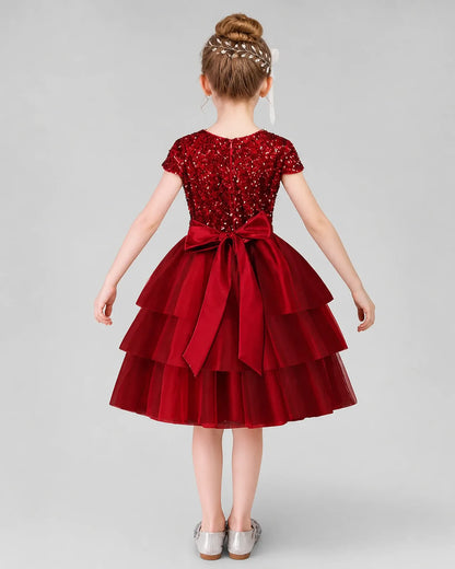 Burgundy Sequin Tulle Tiered Dress Girls Formal Dresses Back View