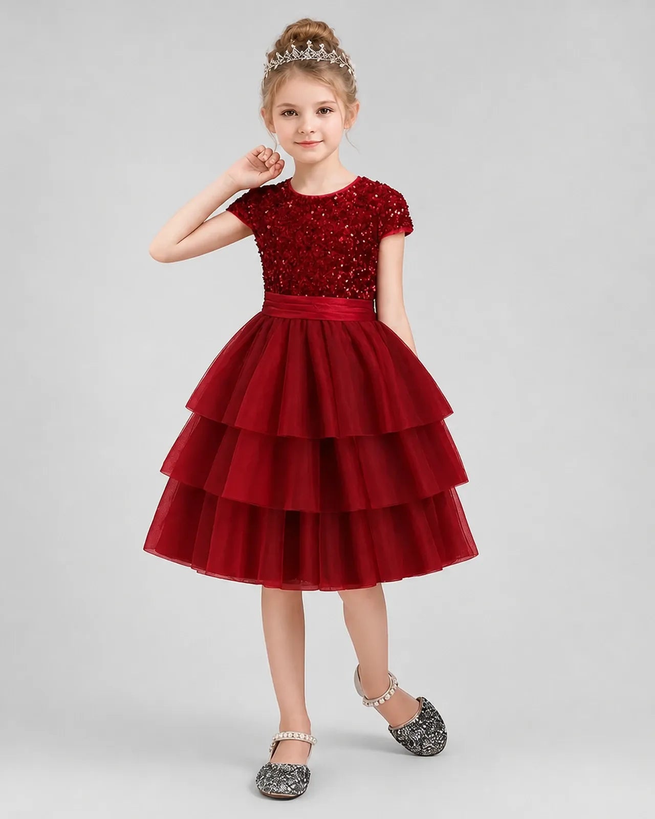 Burgundy Sequins Tulle Tiered Dress Girls Formal Dresses Front View
