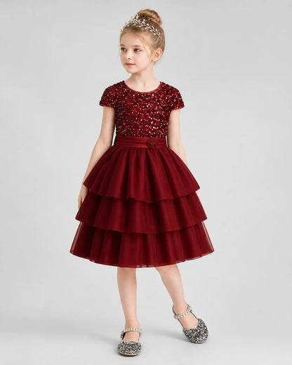 Burgundy Sequin Tulle Tiered Girls Formal Dresses