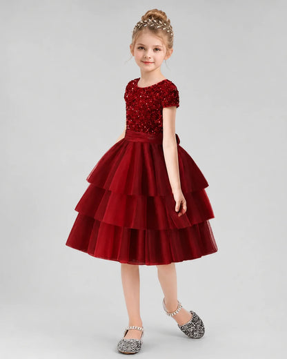 Burgundy Sequin Tulle Tiered A-Line Girls Formal Dresses Side View