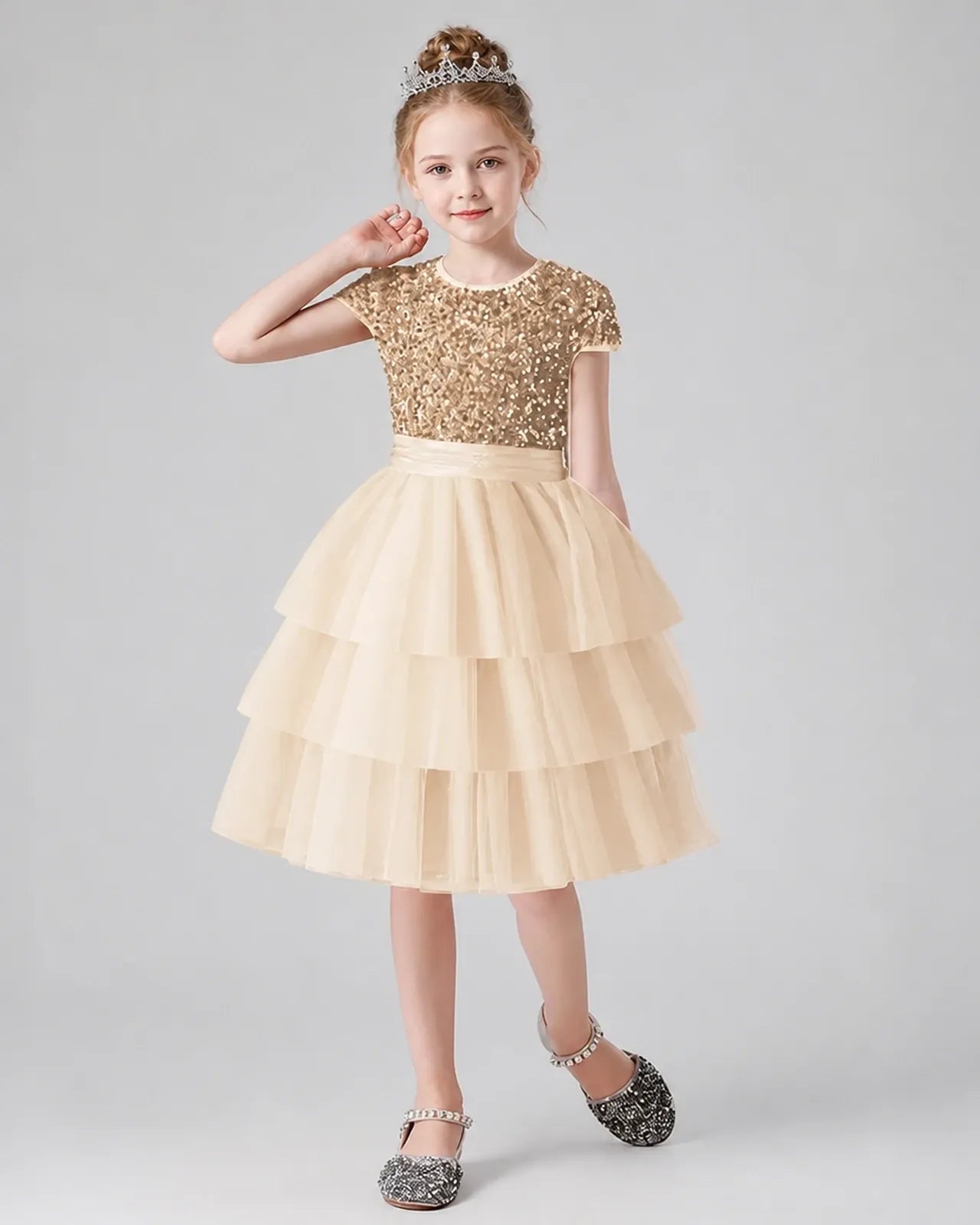 Champagne Sequins and Tulle Tiered Dress Girls Formal Dresses Front View