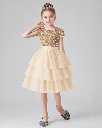 Champagne Sequins and Tulle Tiered Dress Girls Formal Dresses Front View