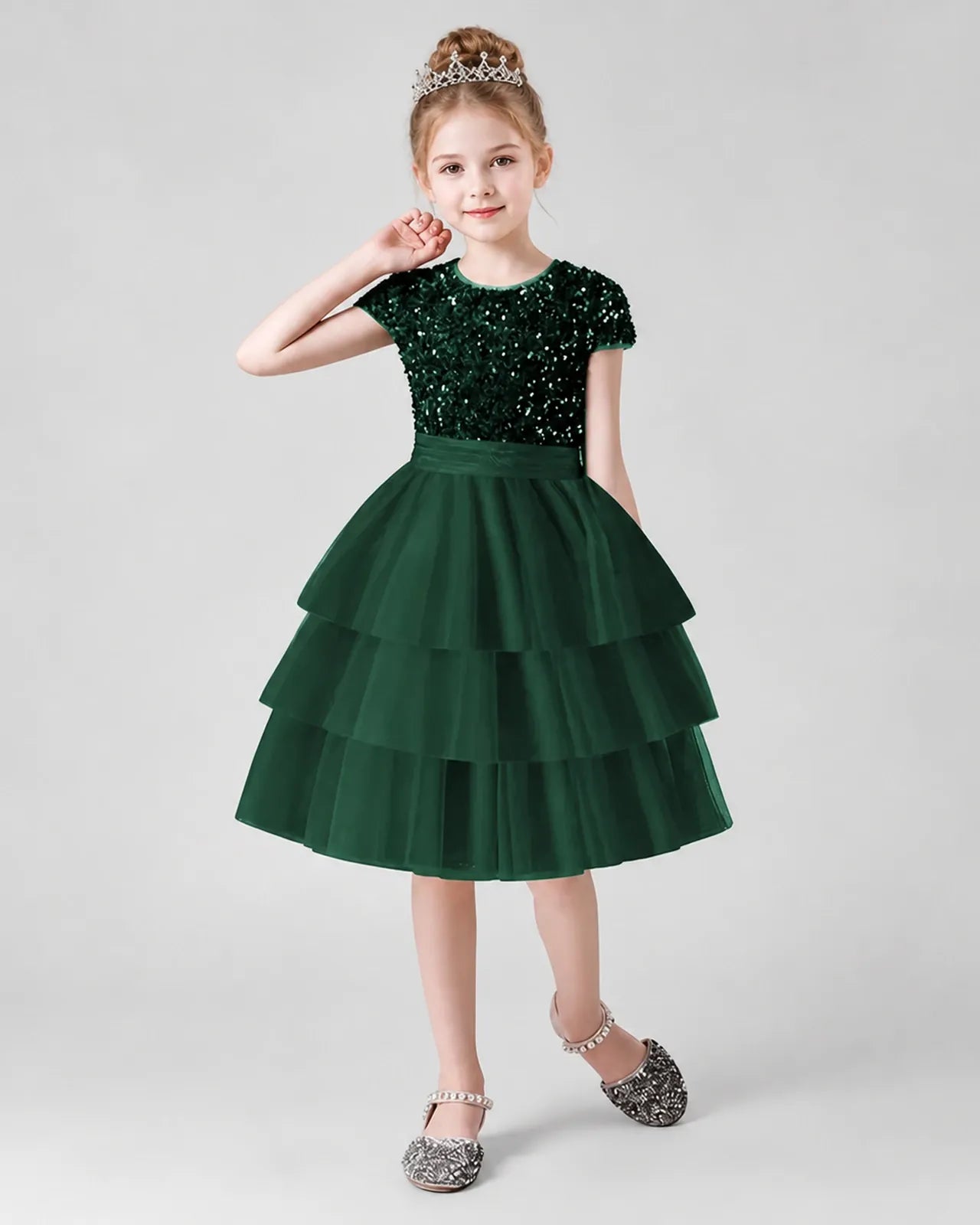 Green Sequins Tulle Tiered Dress Girls Formal Dresses Front View