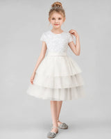 Ivory Sequins Tulle Tiered Dress Girls Formal Dresses Front View