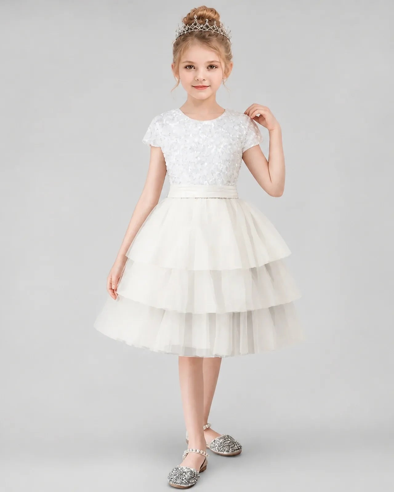 Ivory Sequins Tulle Tiered Dress Girls Formal Dresses Front View