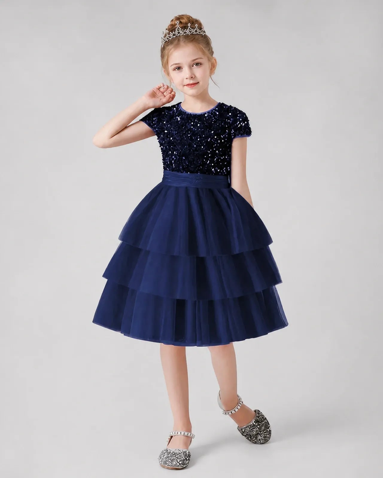 Navy Blue Sequins Tulle Tiered Dress Girls Formal Dresses Front View
