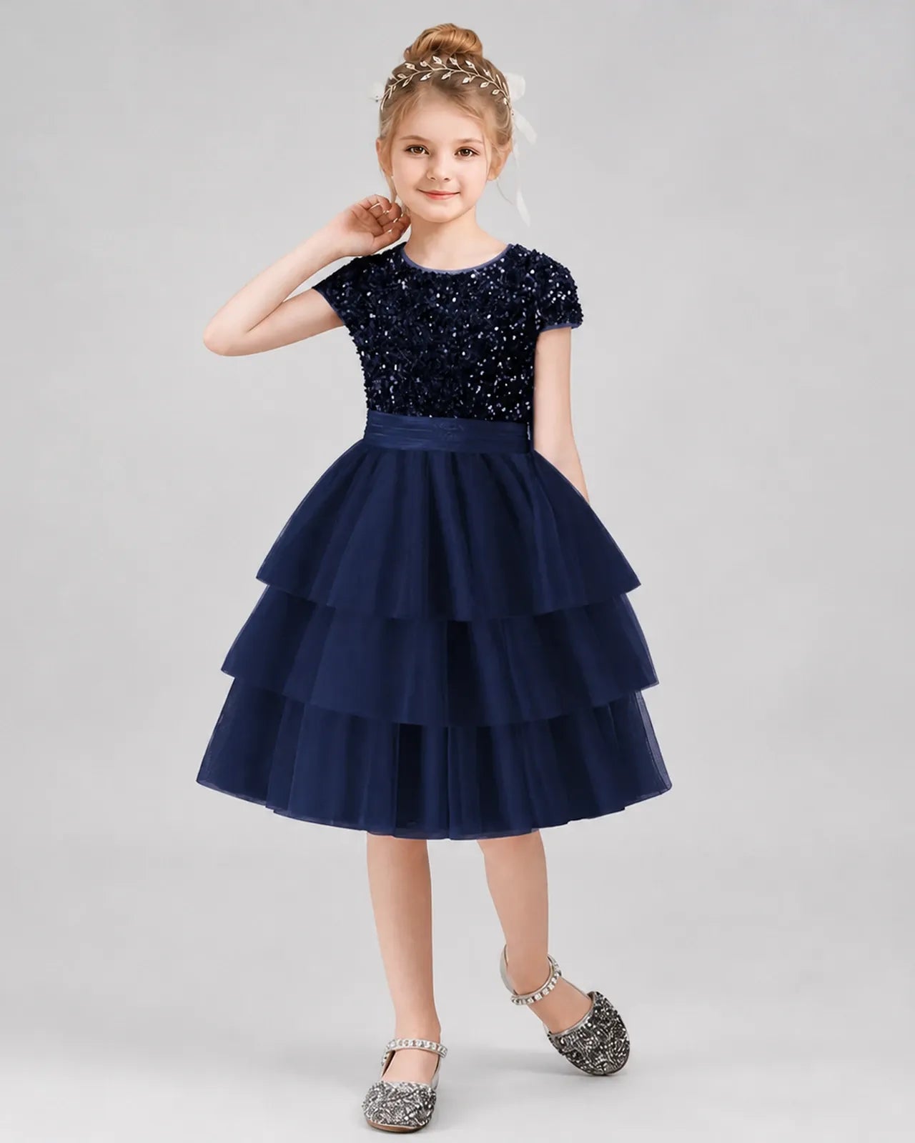 Navy Blue Sequins Tulle Tiered Dress Girls Formal Dresses Front View