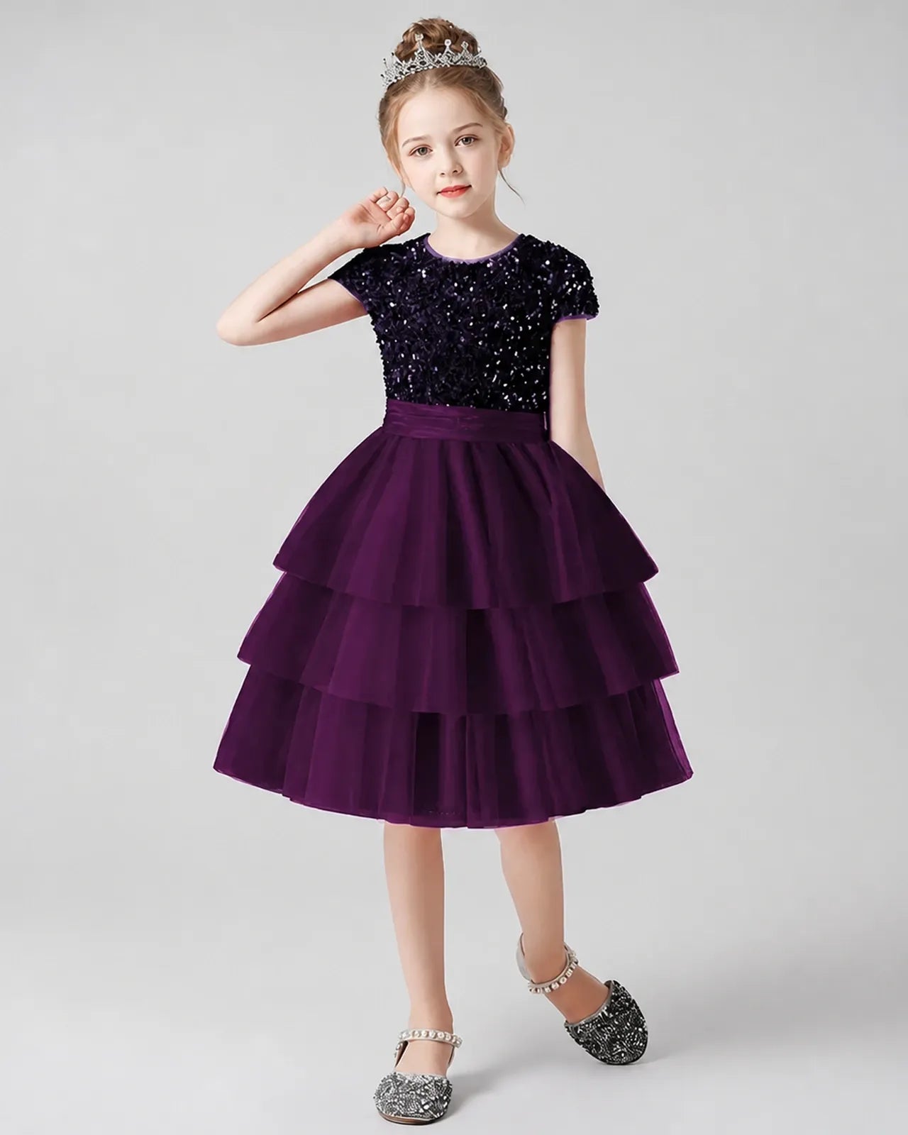 Purple Sequin Tulle Tiered Dress Girls Formal Dresses Front View