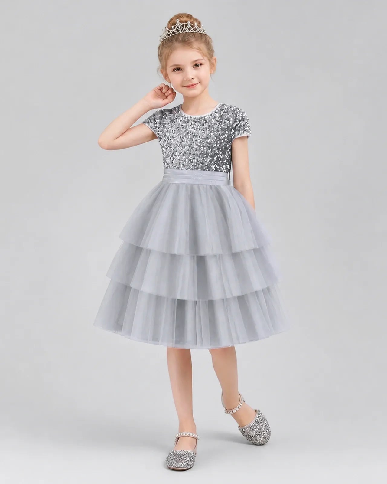 Silver Sequins and Tulle Tiered Dress Girls Formal Dresses Front View