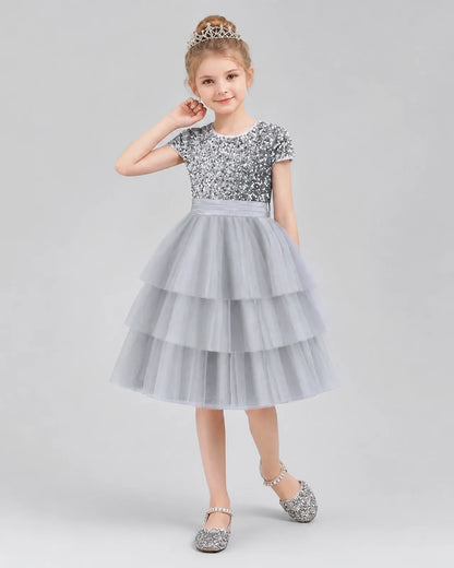 Silver Sequins and Tulle Tiered Dress Girls Formal Dresses Front View