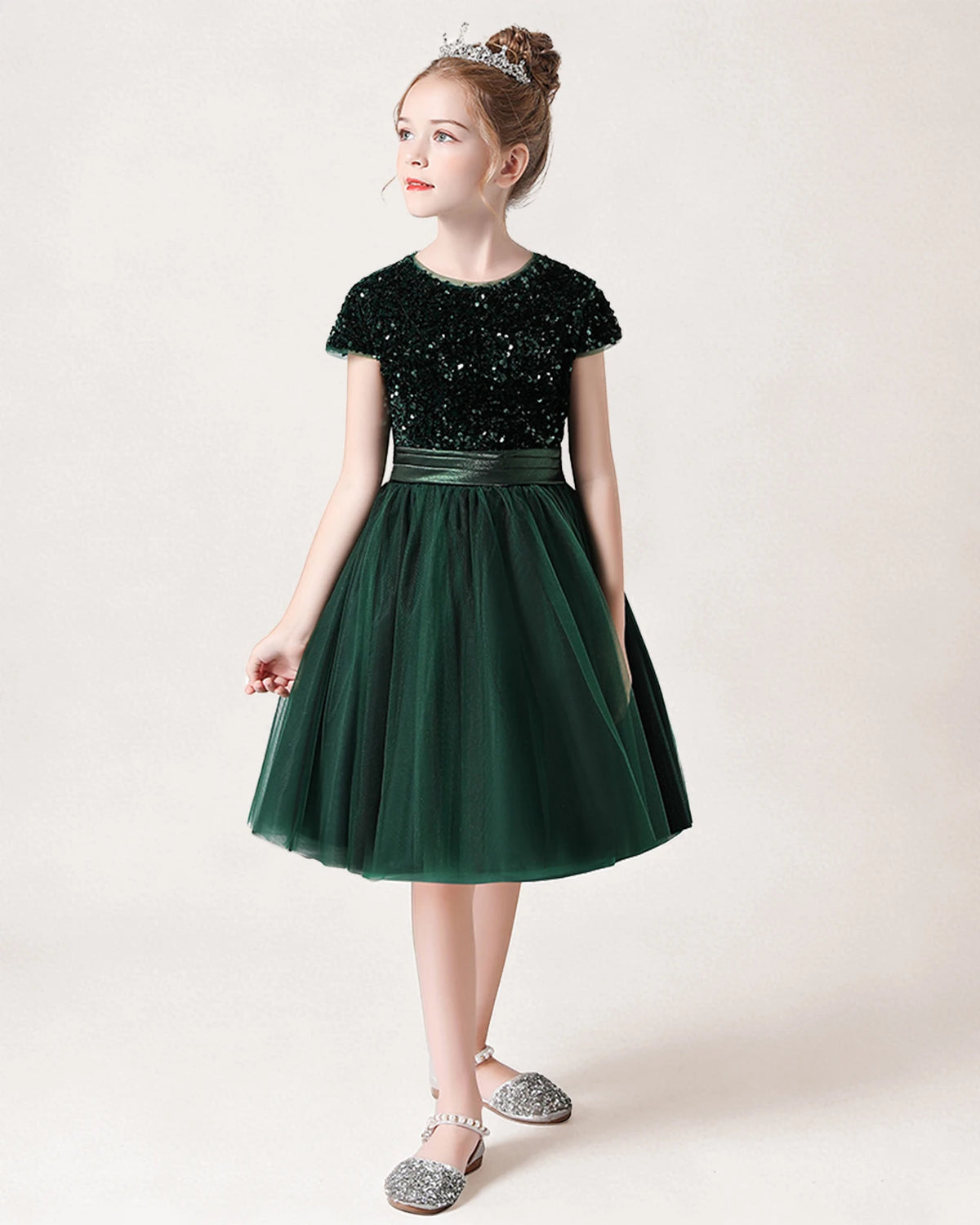 Dark Green Sequin Tulle A-line Girls Formal Dress Front View