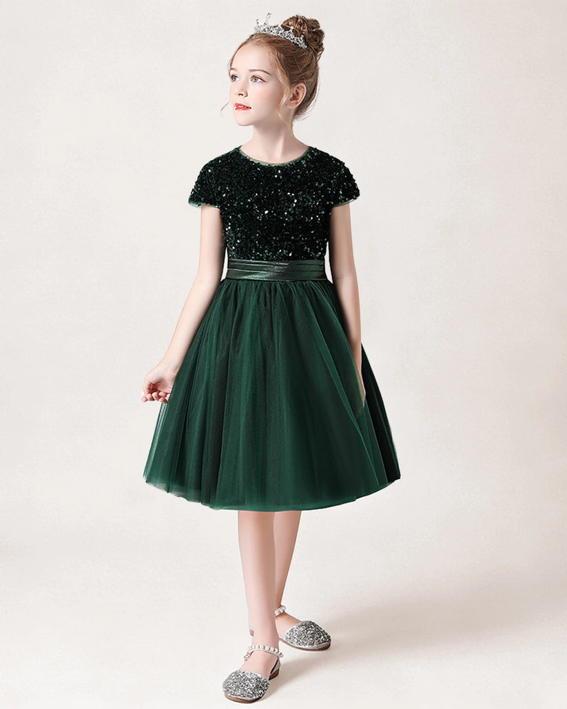 Dark Green Sequin Tulle A-line Girls Formal Dress Front View