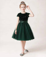 Dark Green Sequin Tulle A-line Girls Formal Dress Front View
