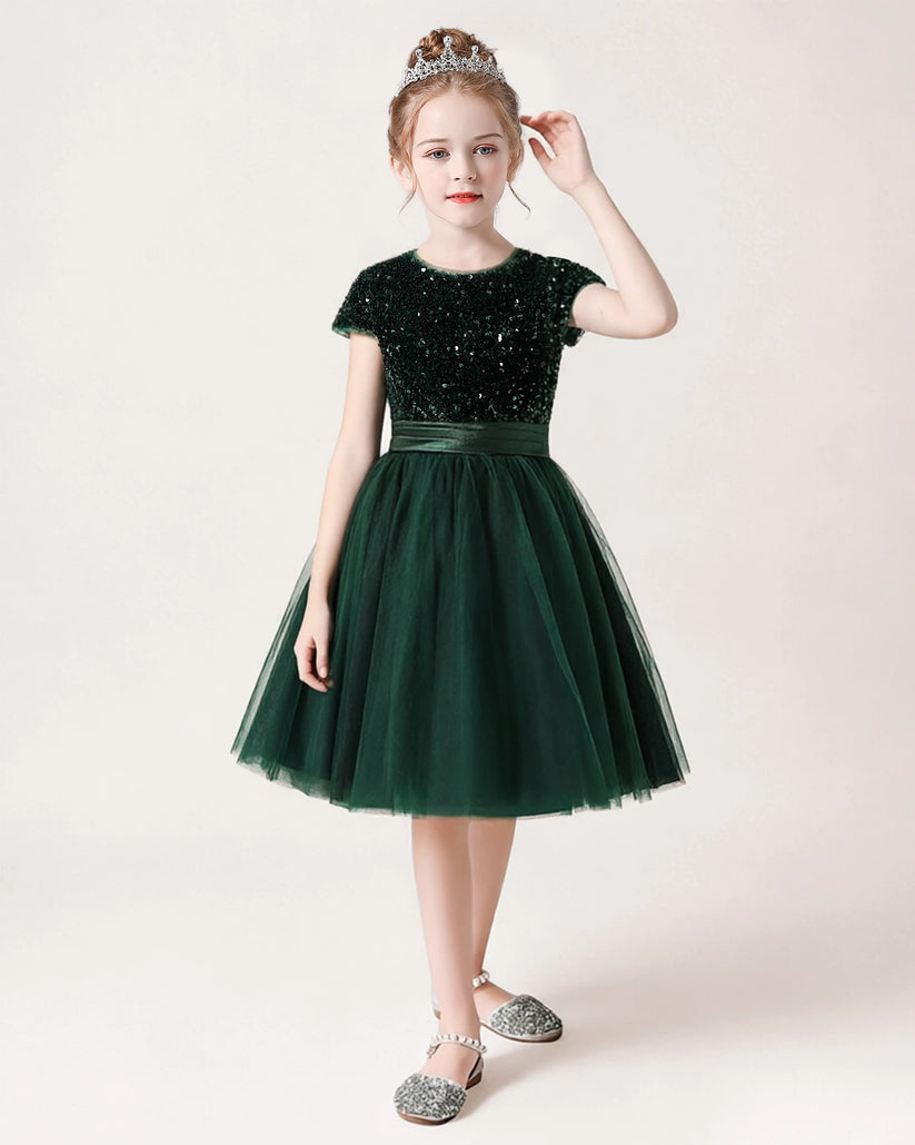 Dark Green Sequin Tulle A-line Girls Formal Dress Front View