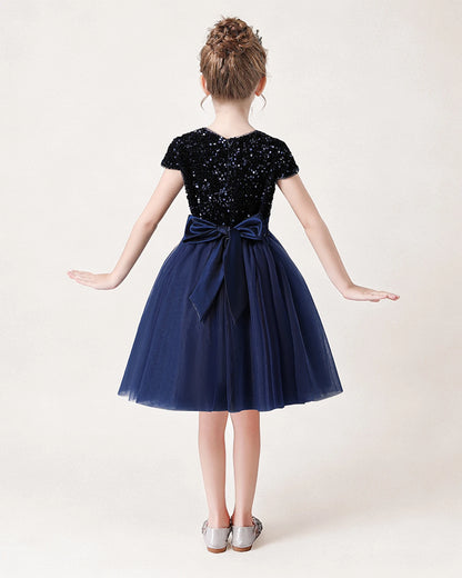 Navy Blue Sequin Tulle A-line Girls Formal Dress Back View