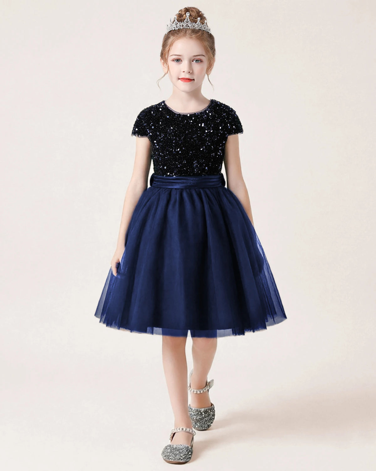 Navy Blue Sequin Tulle A-line Girls Formal Dress Front View
