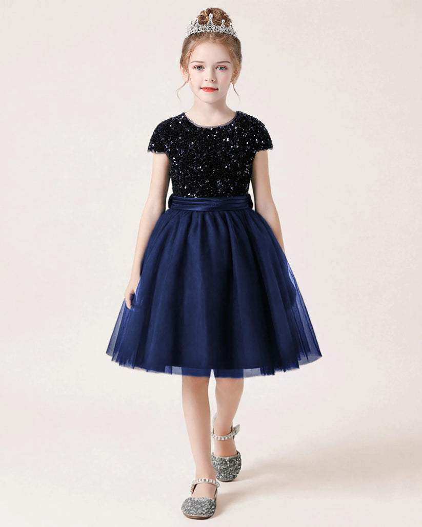 Navy Blue Sequin Tulle A-line Girls Formal Dress Front View