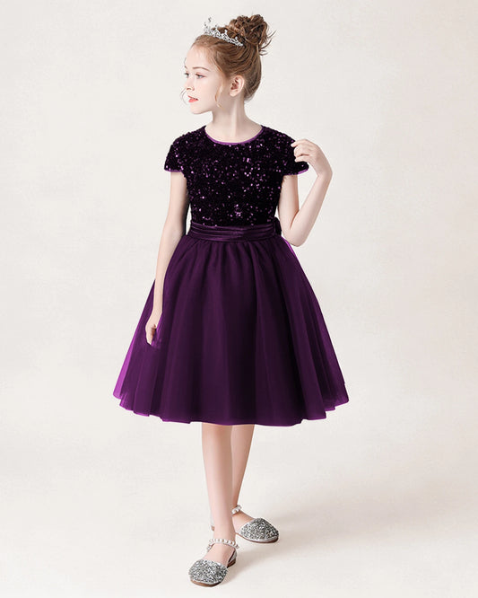 Purple Sequin Tulle A-line Girls Formal Dress Front View