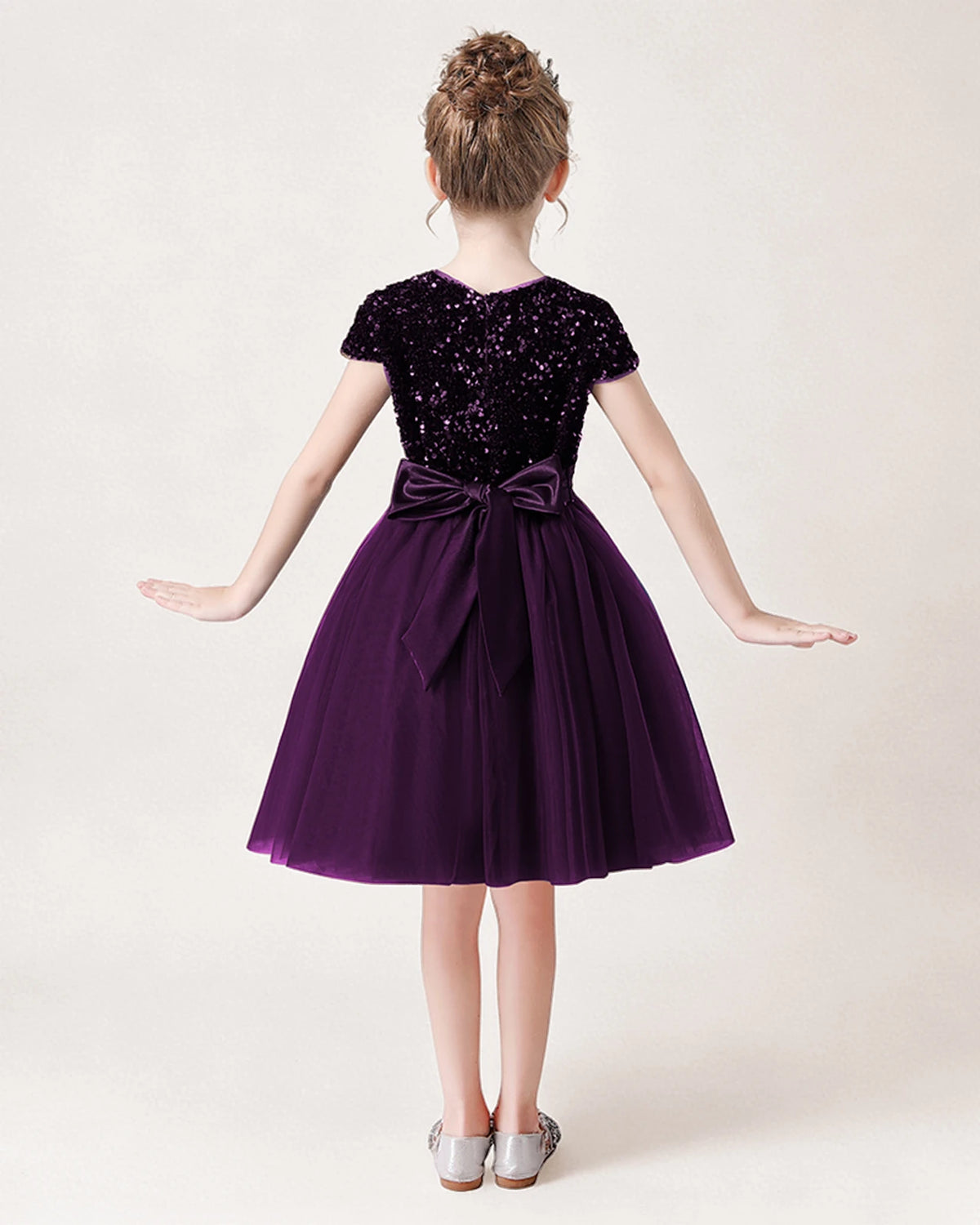 Purple Sequin Tulle A-line Girls Formal Dress Back View