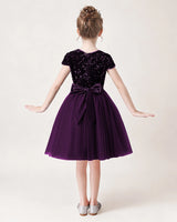 Purple Sequin Tulle A-line Girls Formal Dress Back View