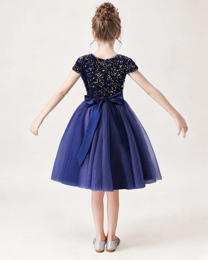 Blue Sequin Tulle A-line Girls Formal Dress Back View