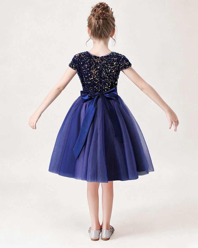 Blue Sequin Tulle A-line Girls Formal Dress Back View