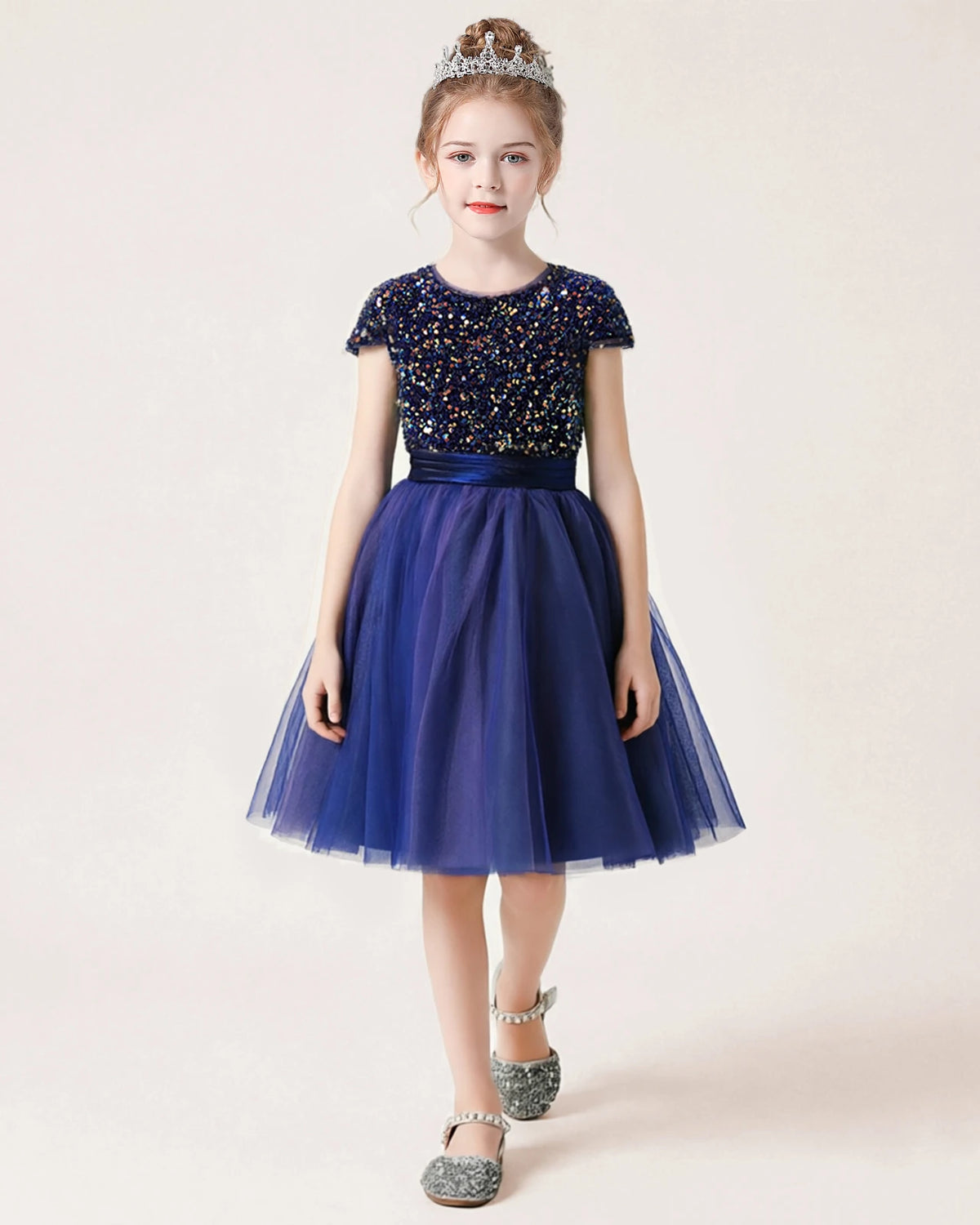  Blue Sequin Tulle A-line Girls Formal Dress Front View