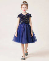  Blue Sequin Tulle A-line Girls Formal Dress Front View