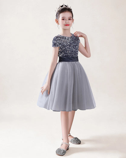 Silver Tulle A-line Girls Formal Dress Front View