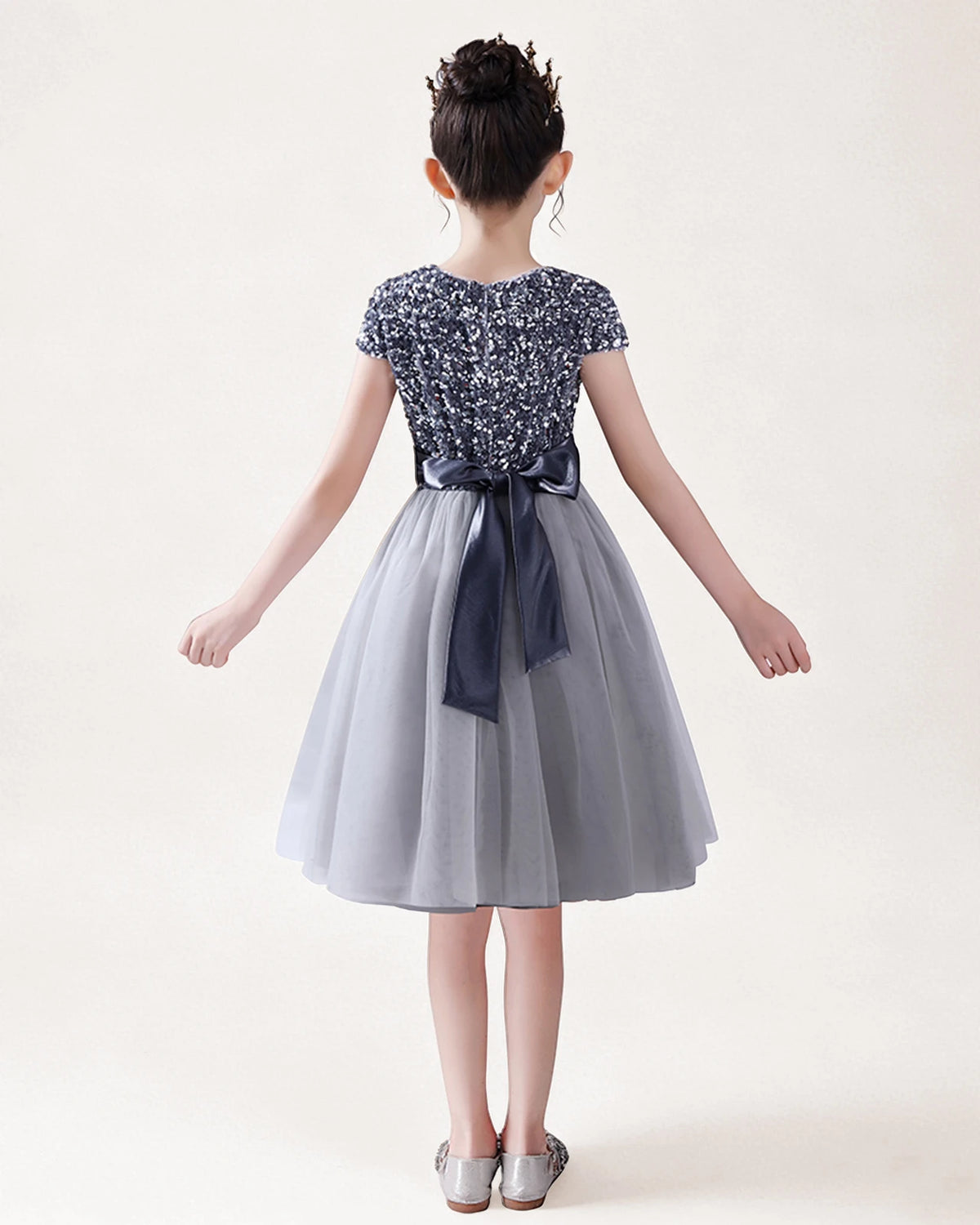 Silver Sequin A-line Girls Formal Dress Back View