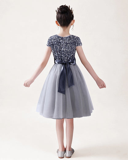 Silver Sequin A-line Girls Formal Dress Back View