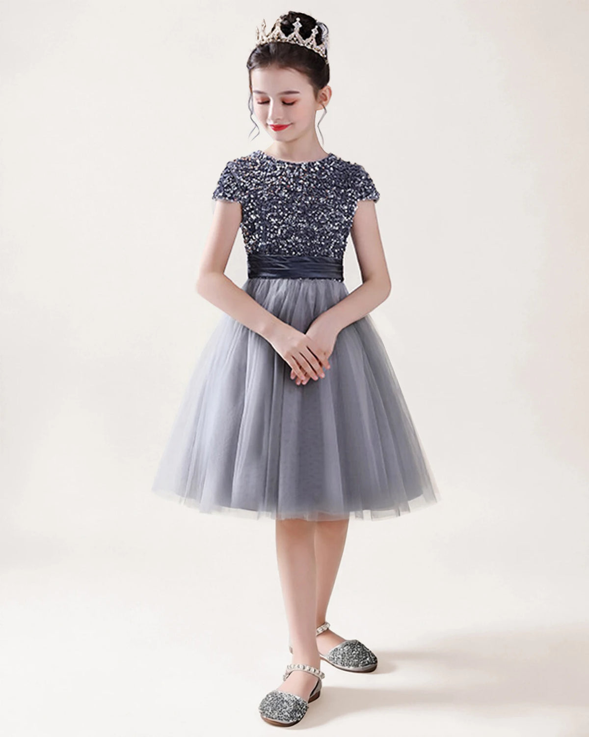 Silver Tulle A-line Girls Formal Dress Front View