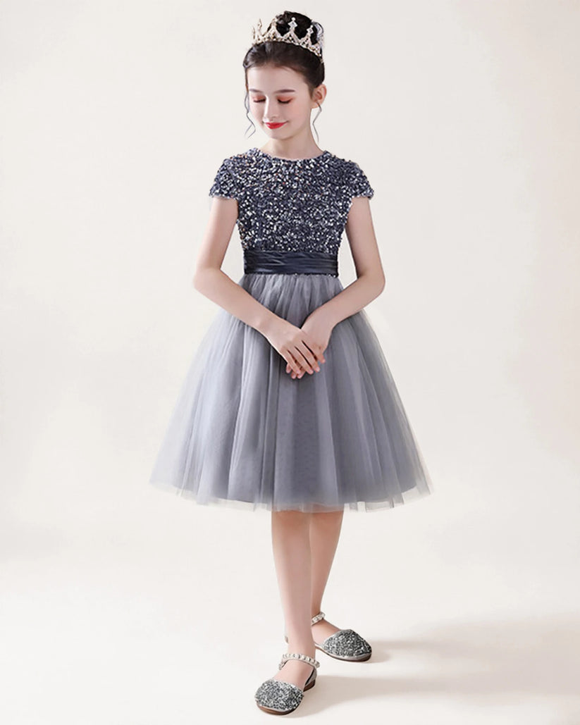 Silver Tulle A-line Girls Formal Dress Front View