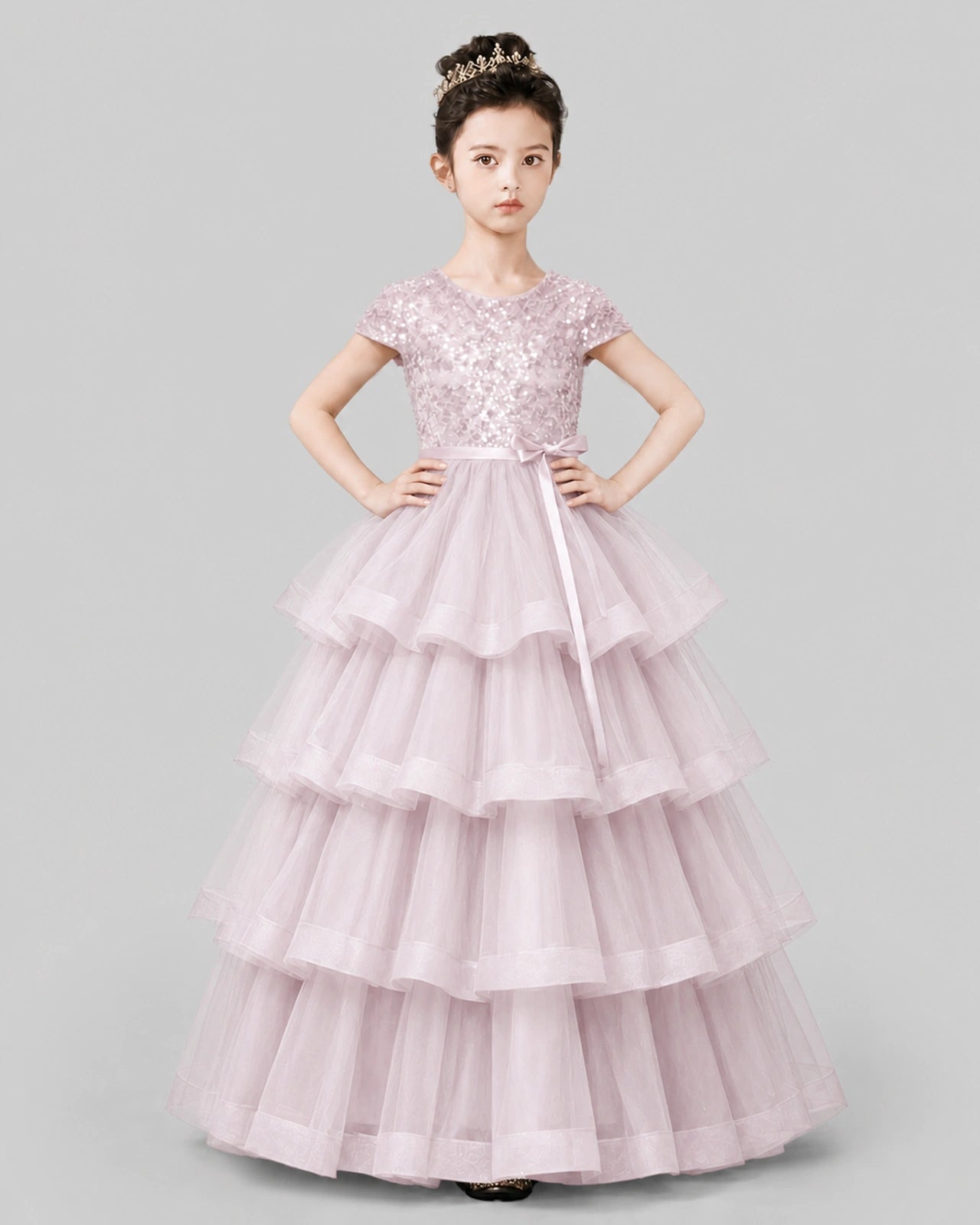 Blush Pink Tulle Ball Gown Pageant Dress Front View