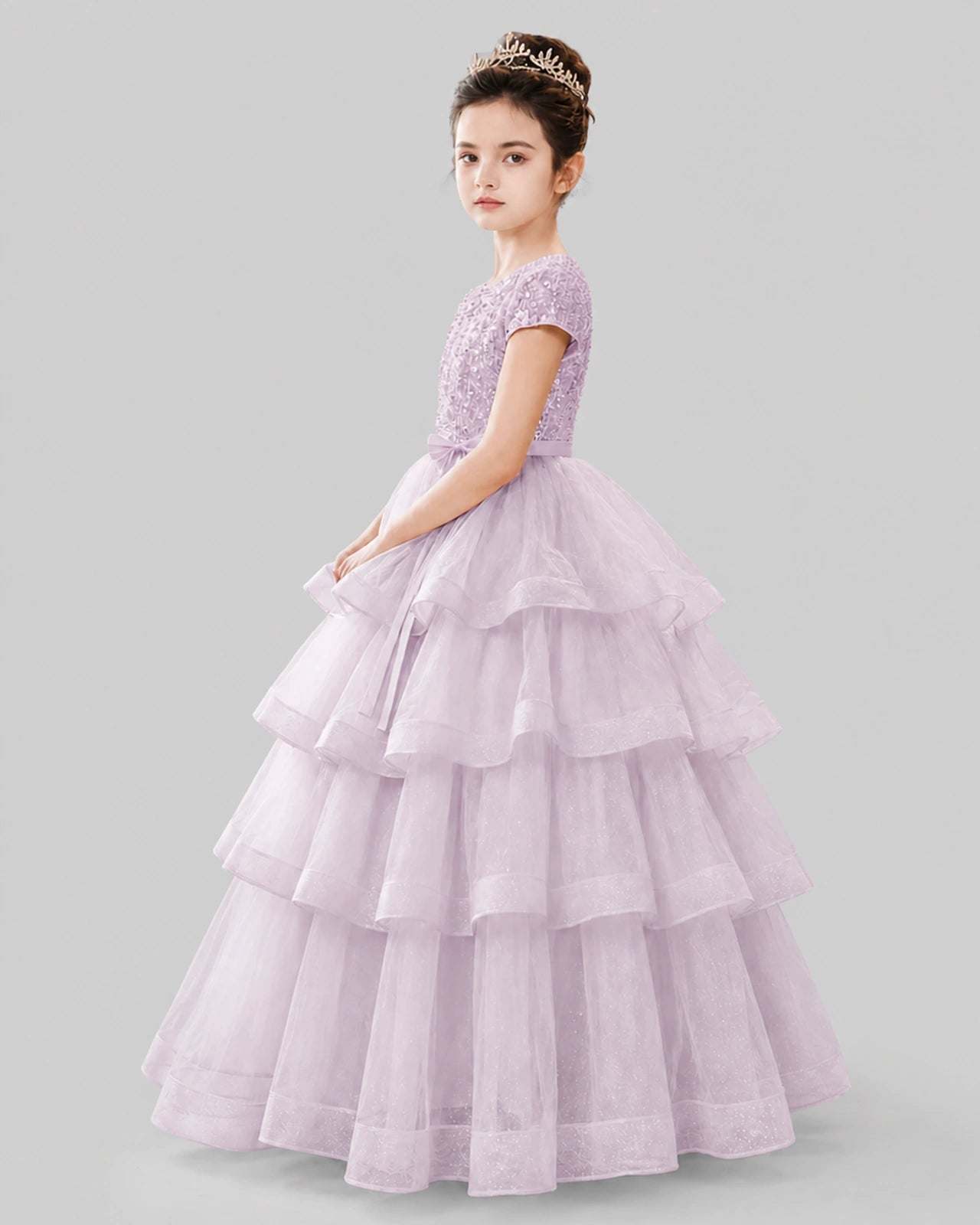 Blush Pink Tulle Ball Gown Pageant Dress Side View