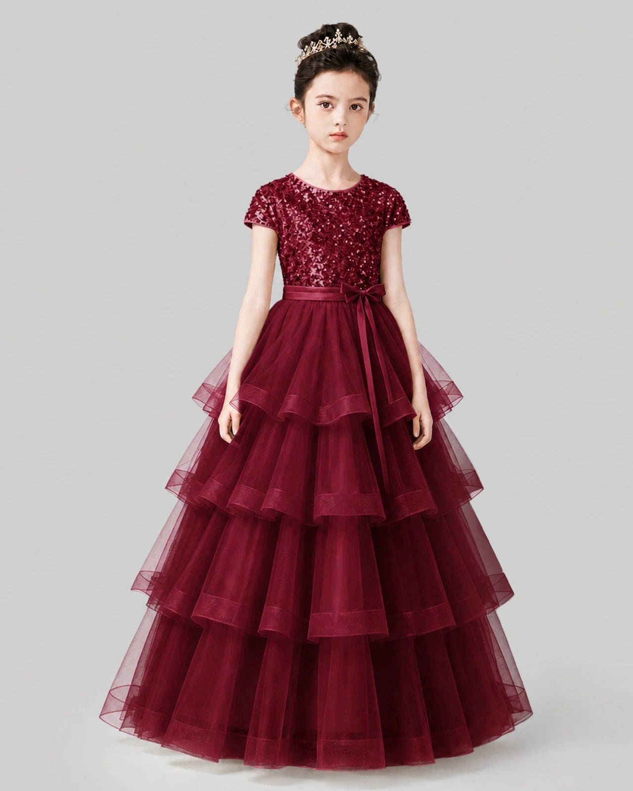 Burgundy Tulle A-line Pageant Dress Front View