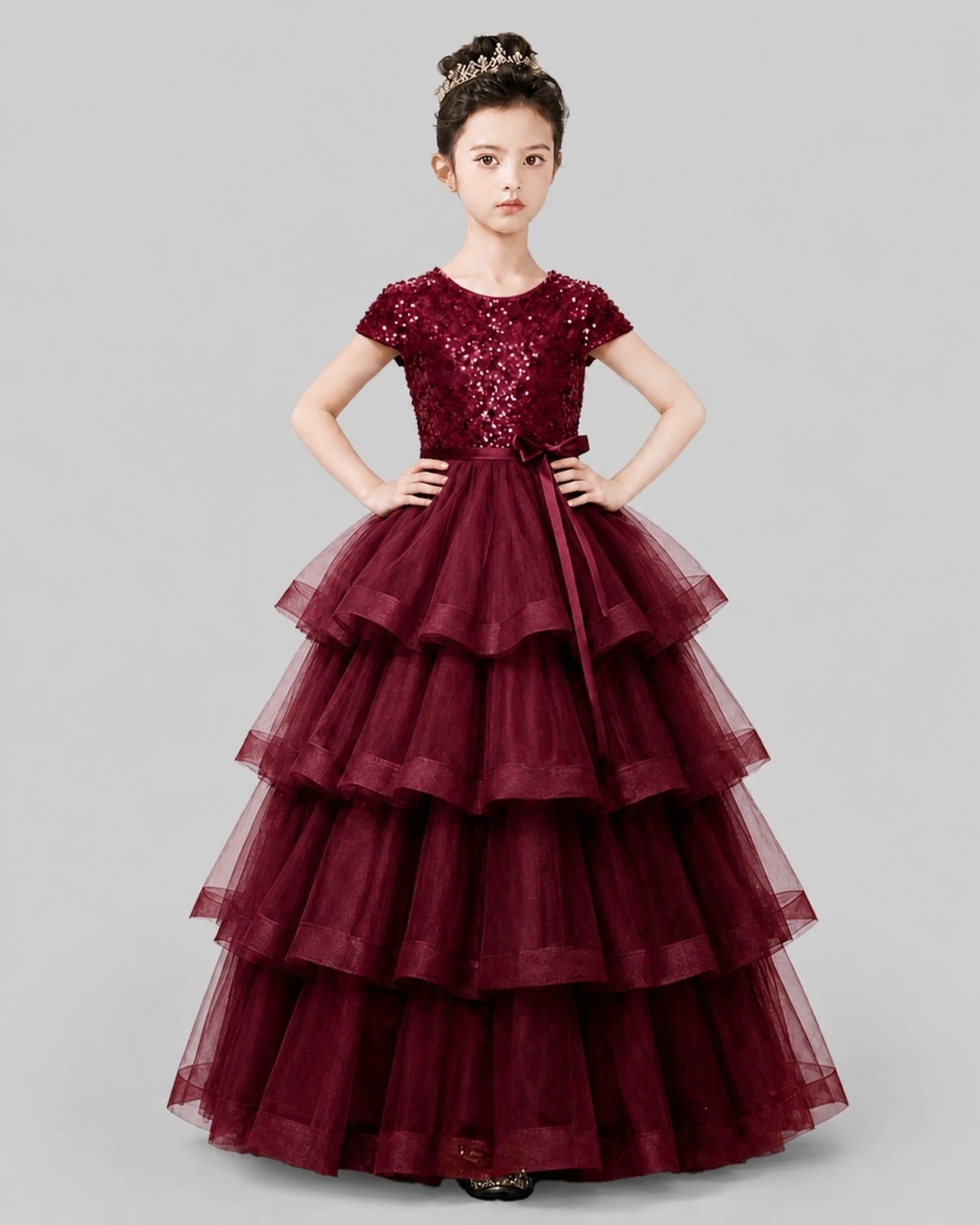 Burgundy Tulle A-line Pageant Dress Front View
