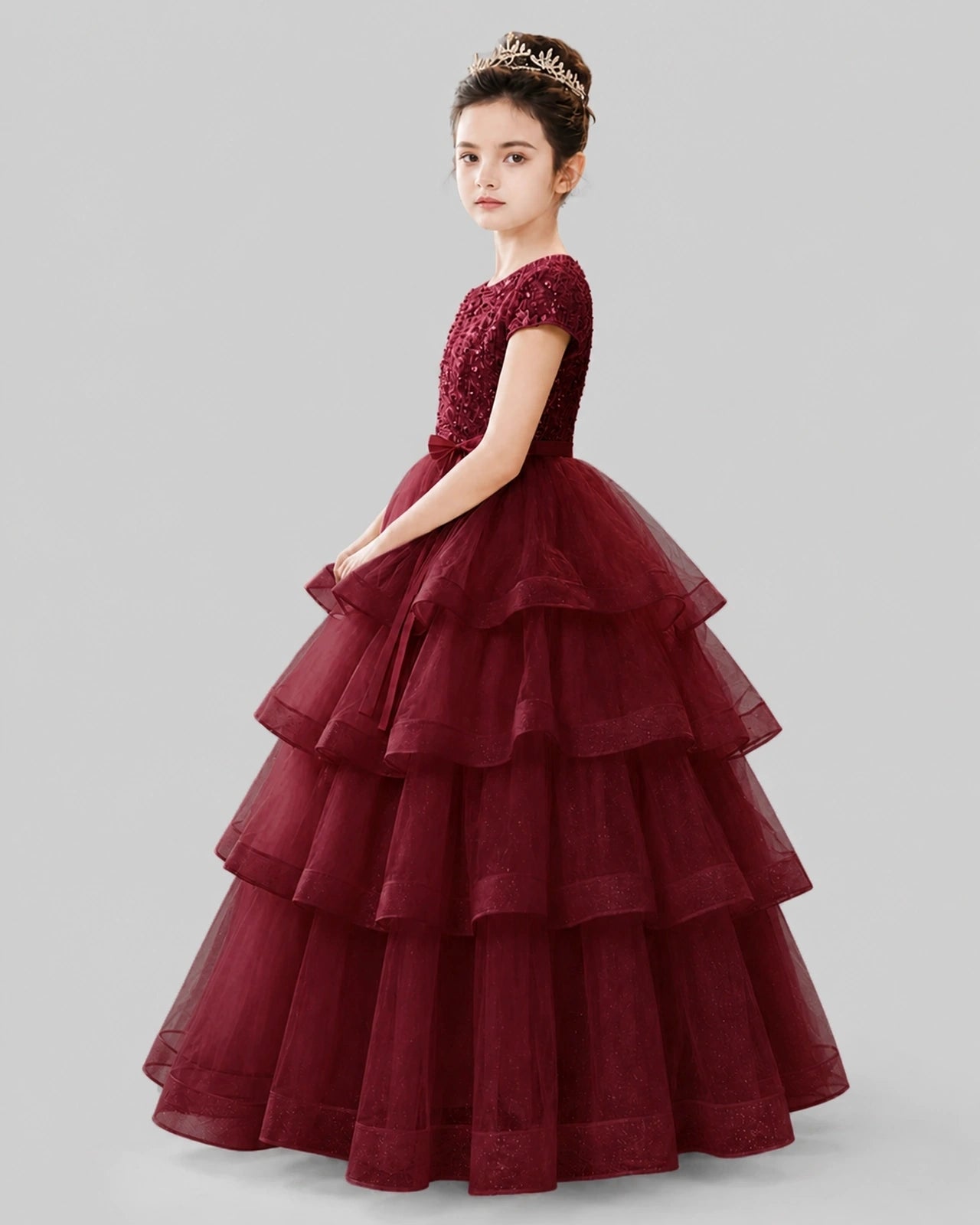 Burgundy Tulle Ball Gown Pageant Dress Side View