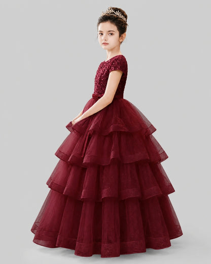 Burgundy Tulle Ball Gown Pageant Dress Side View