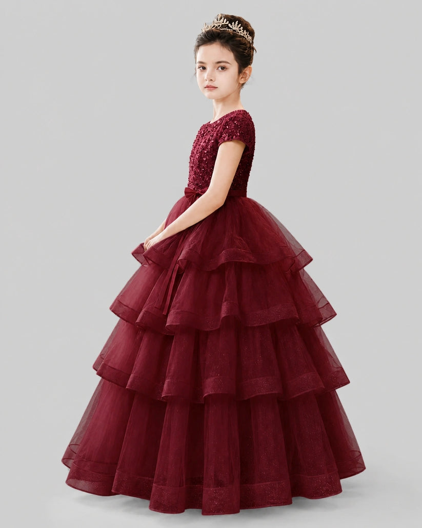 Burgundy Tulle Ball Gown Pageant Dress Side View