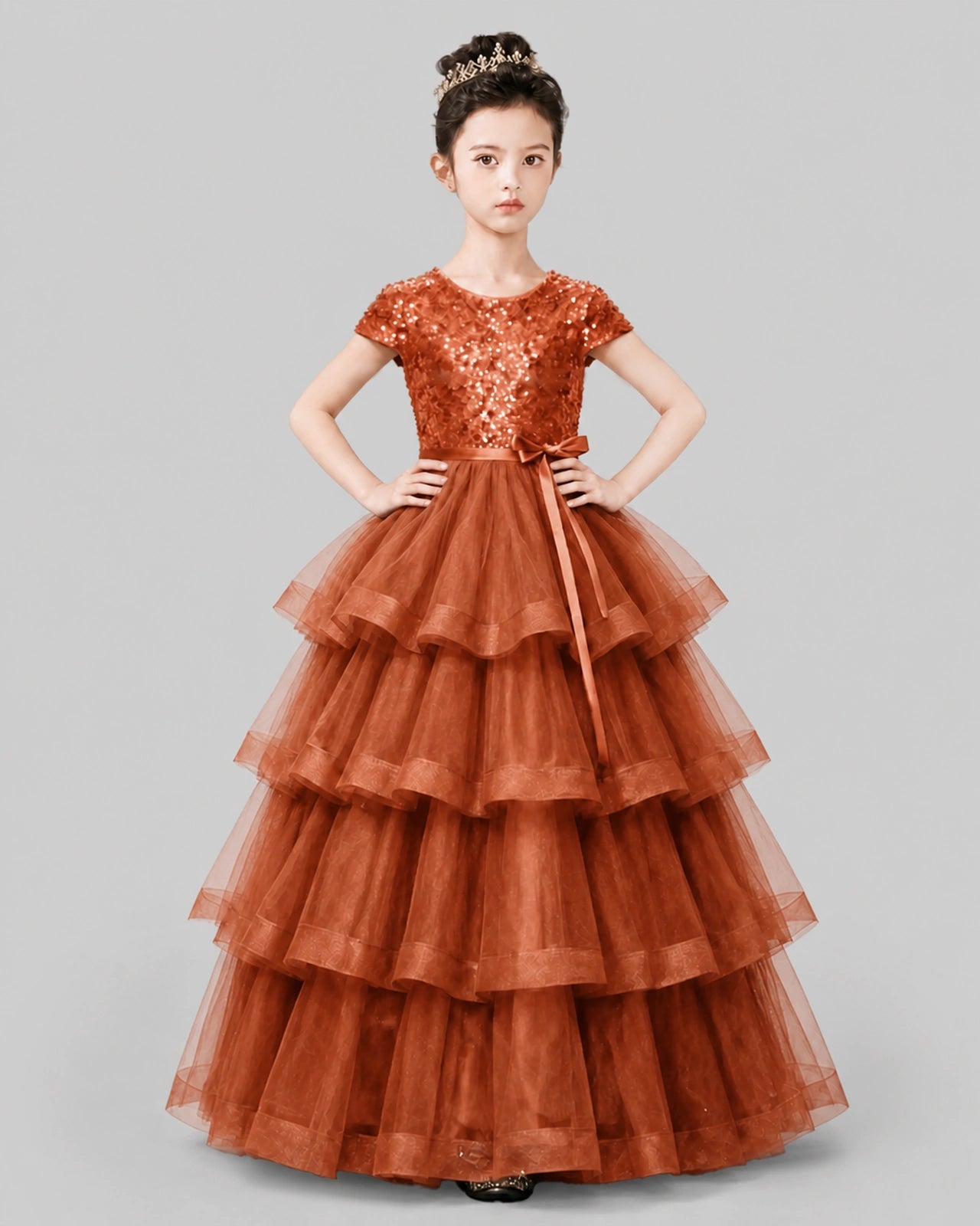 Burnt Orange Tulle Ball Gown Pageant Dress Front View