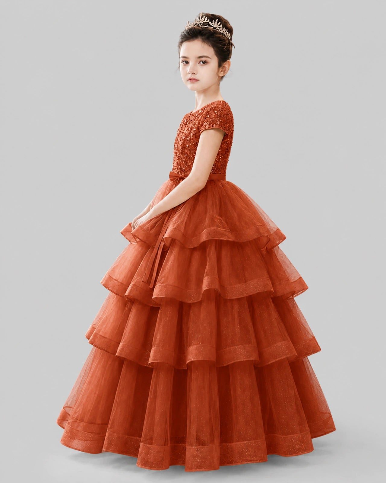 Burnt Orange Tulle Ball Gown Pageant Dress Side View