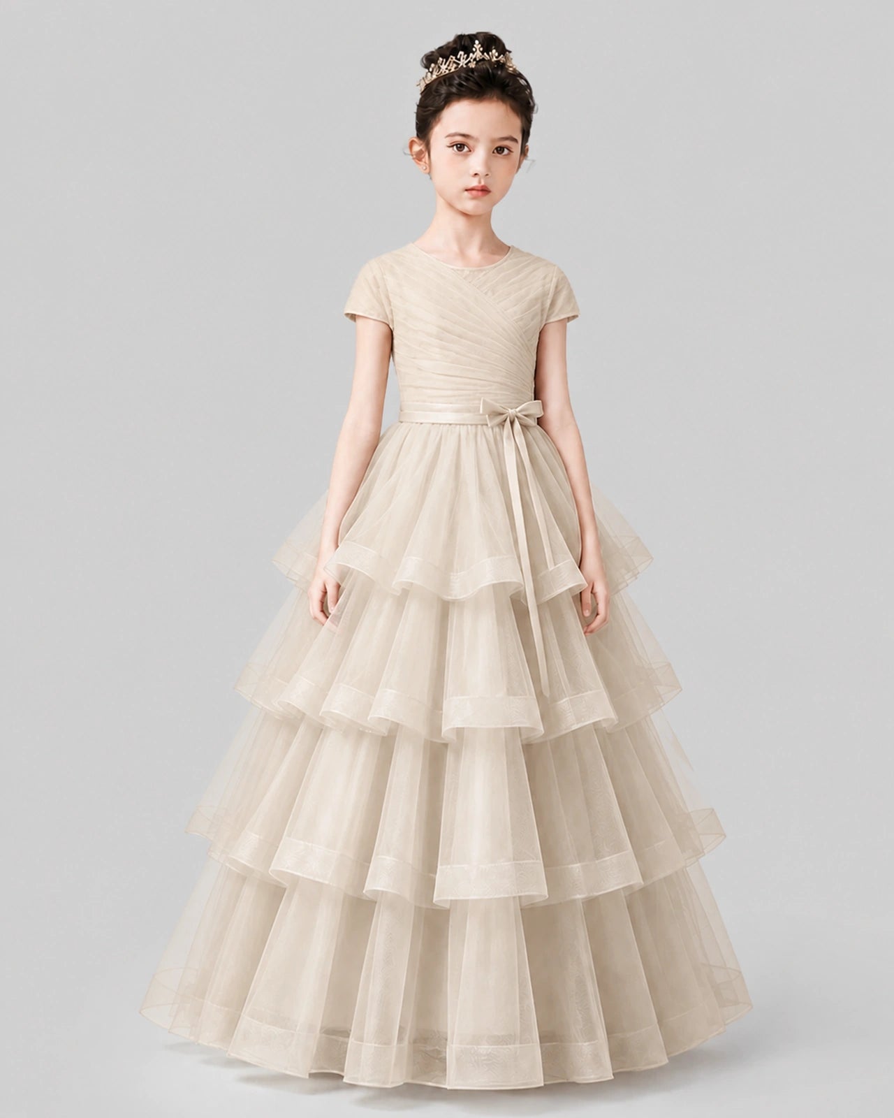 Champagne Tulle Ball Gown Pageant Dress Front View