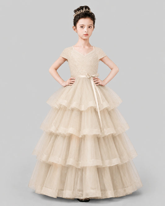 Champagne Tulle Ball Gown Pageant Dress Front View