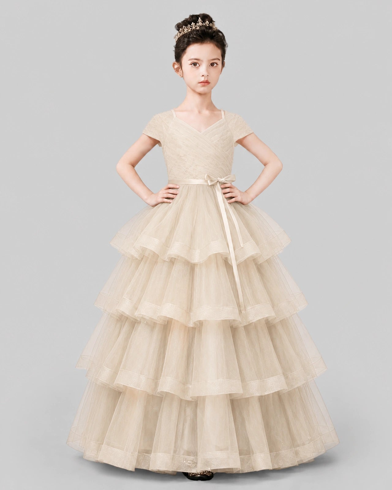 Champagne Tulle Ball Gown Pageant Dress Front View