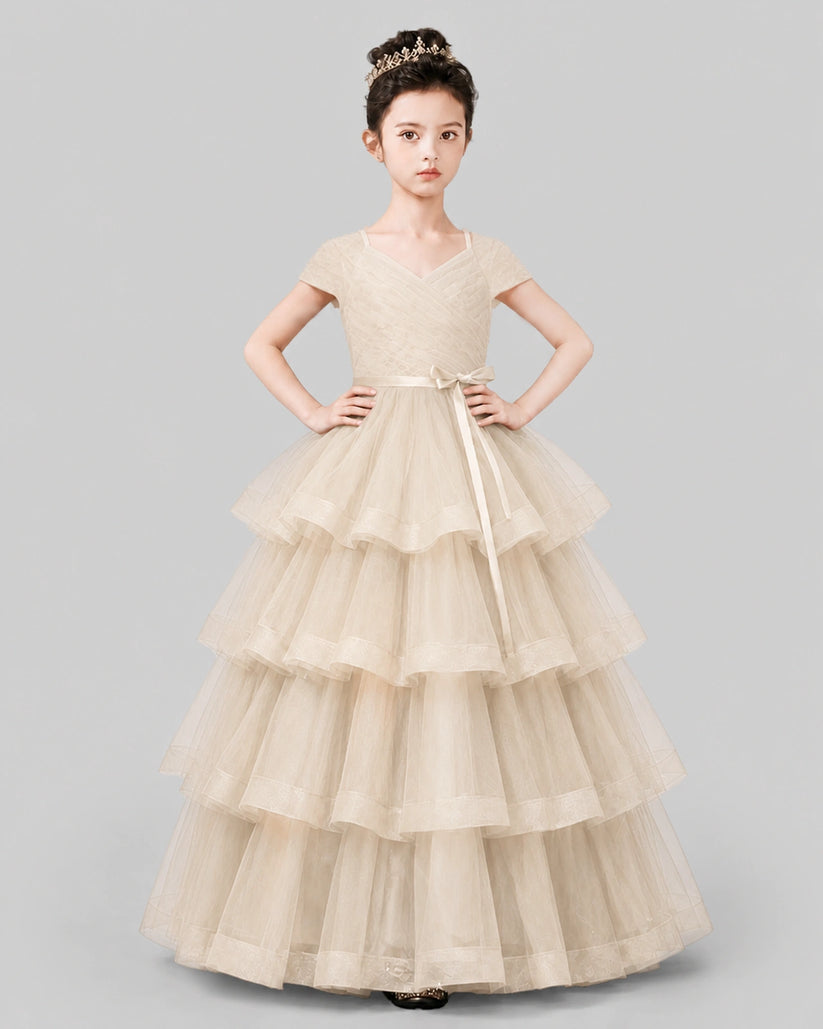 Champagne Tulle Ball Gown Pageant Dress Front View